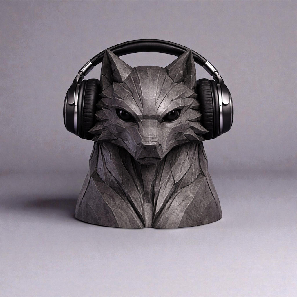 Happy3dWorld geometric wolf headphone stand in grey, 3D printed polygonal headset holder for gaming desks