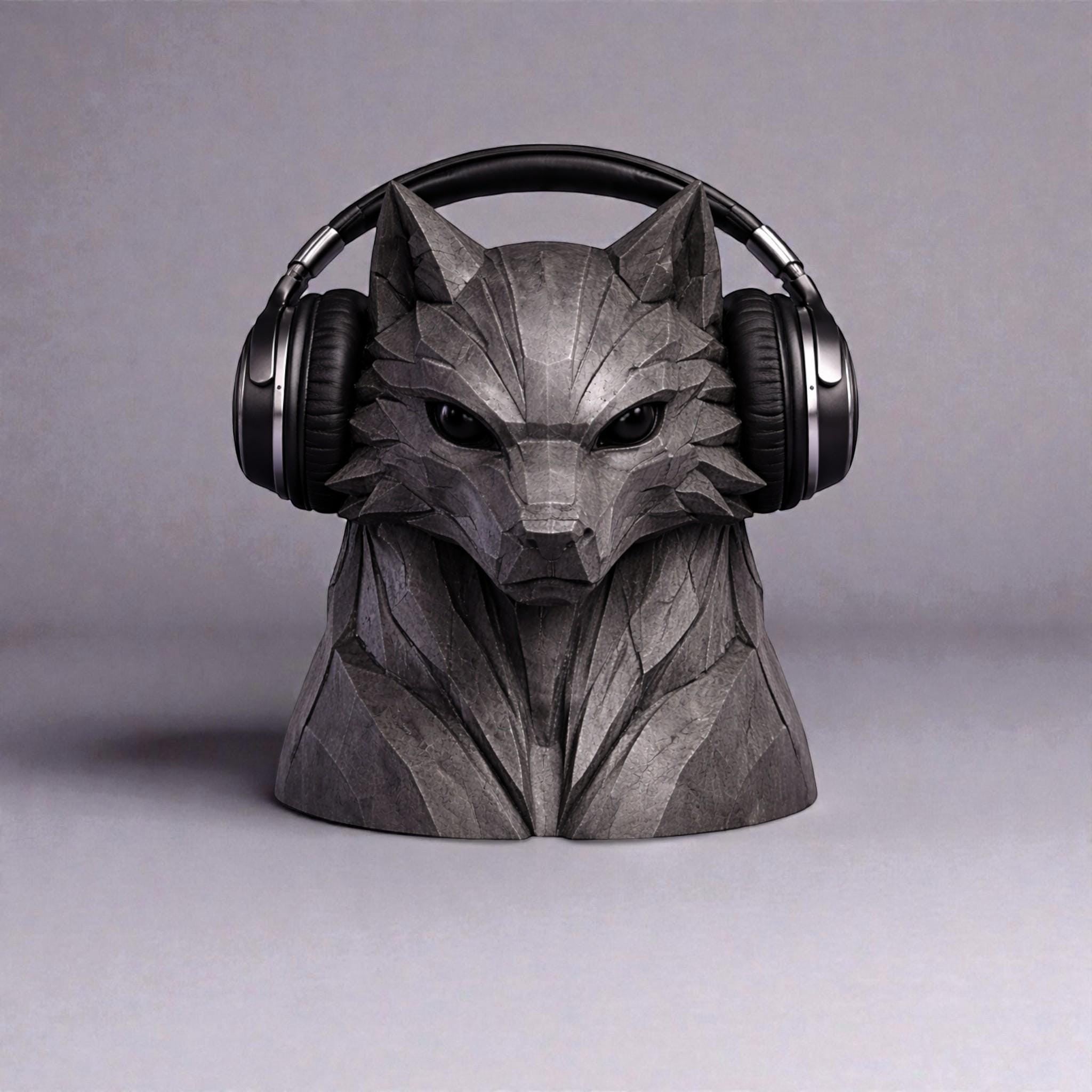 Happy3dWorld geometric wolf headphone stand in grey, 3D printed polygonal headset holder for gaming desks