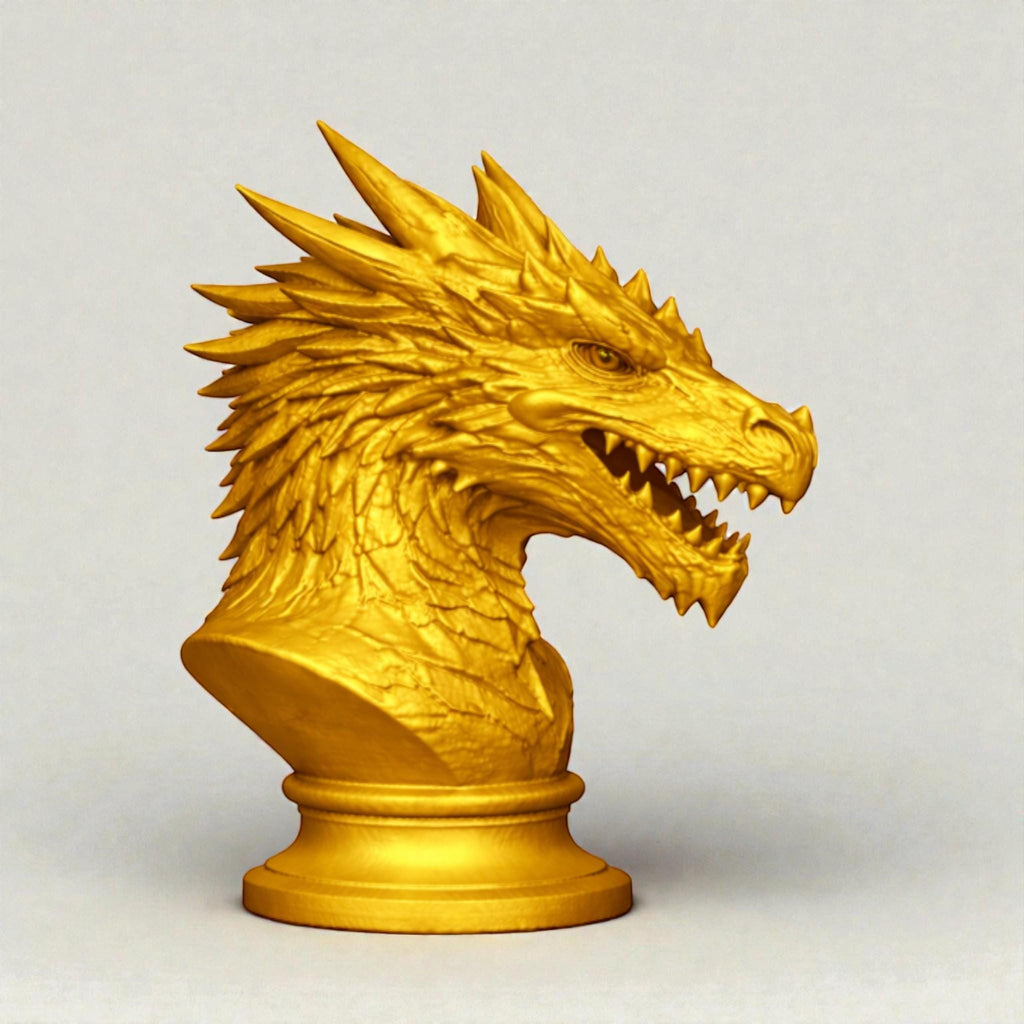 Happy3dWorld gold dragon bust headphone stand with detailed scales and a stable circular base for gaming desks.