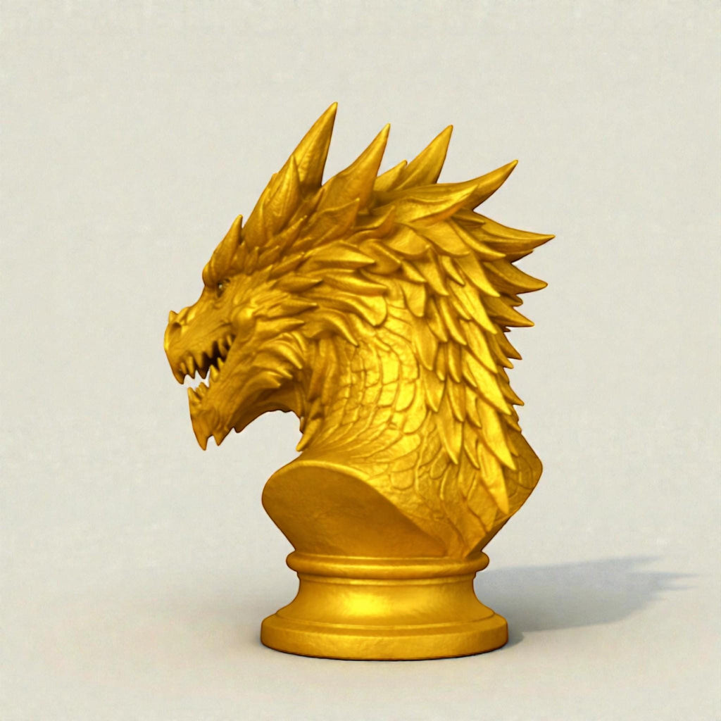 Happy3dWorld gold dragon bust headphone stand with detailed scales and a circular base for gaming desk organization.