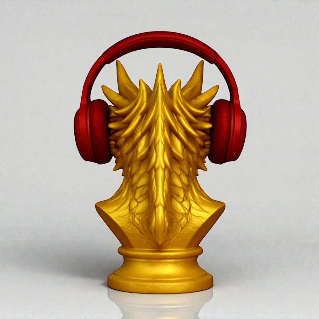 Happy3dWorld gold dragon bust headphone stand holding red over-ear gaming headphones on a white background