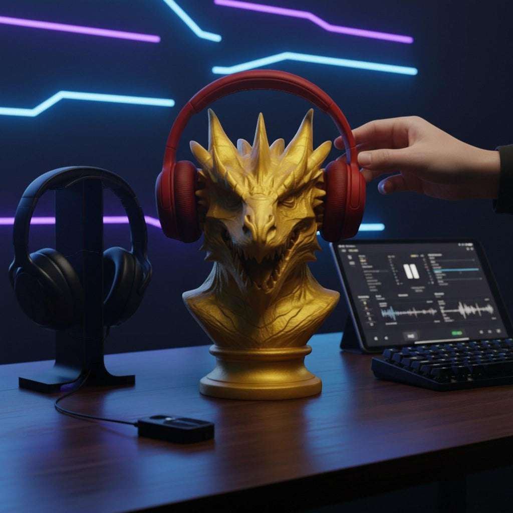 Happy3dWorld gold dragon bust headphone stand holding red over-ear gaming headset on a desk with neon lighting.