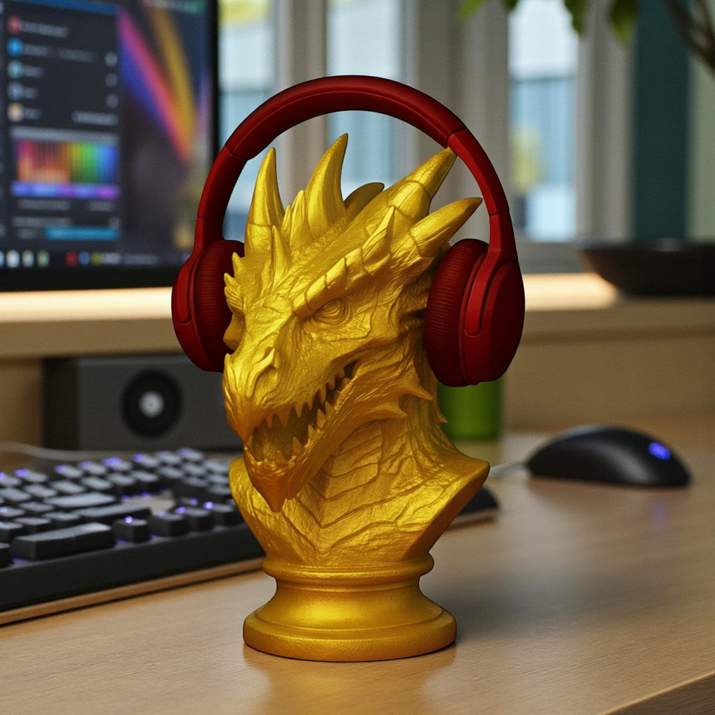 Happy3dWorld gold dragon bust headphone stand holding red over-ear gaming headset on a wooden desk