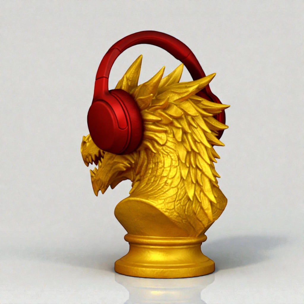 Happy3dWorld gold dragon bust headphone stand holding red over-ear gaming headset on a white background
