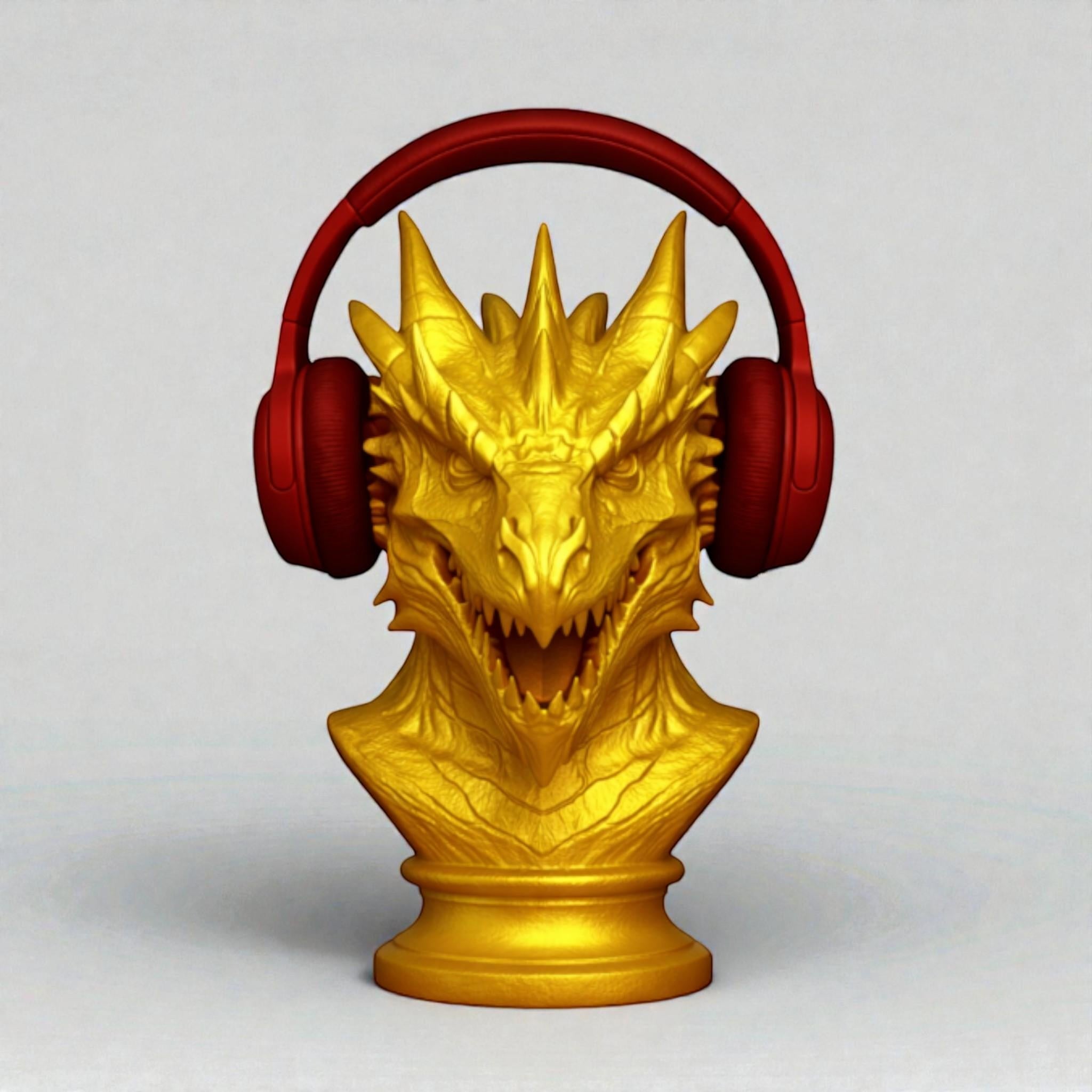 Happy3dWorld gold dragon bust headphone stand holding red over-ear gaming headset on a circular base