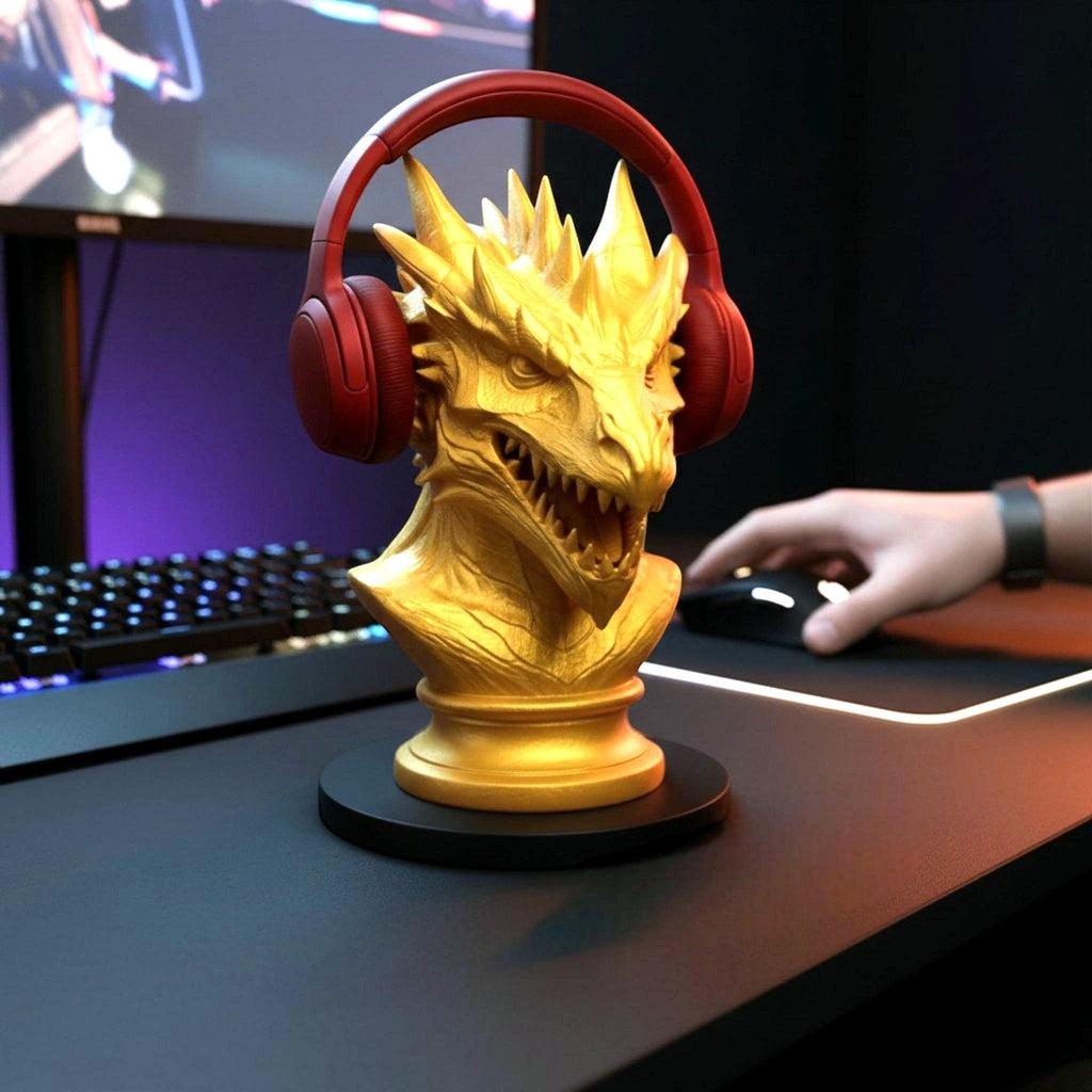 Happy3dWorld gold dragon bust headphone stand holding red over-ear gaming headset on a desk with a keyboard and mouse