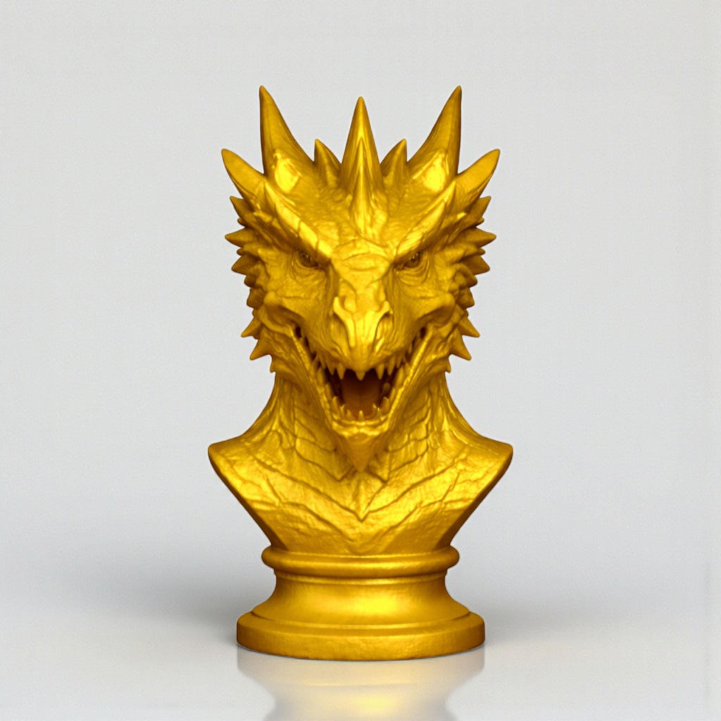 Happy3dWorld gold dragon bust headphone stand with detailed scales and horns for gaming desk organization