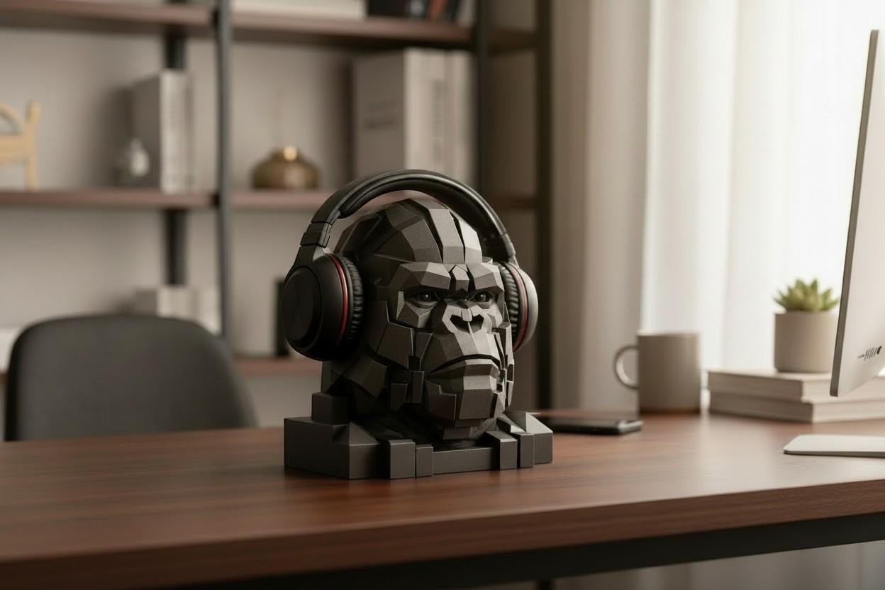 Happy3dWorld geometric gorilla headphone stand in matte black PLA plastic on a wooden desk for gaming setup decor.