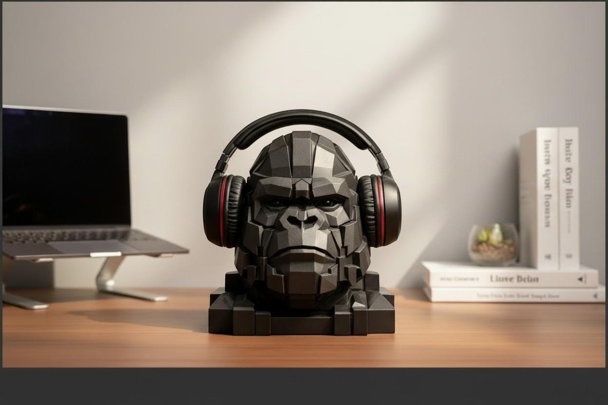 Happy3dWorld black geometric gorilla headphone stand on a desk with over-ear gaming headset