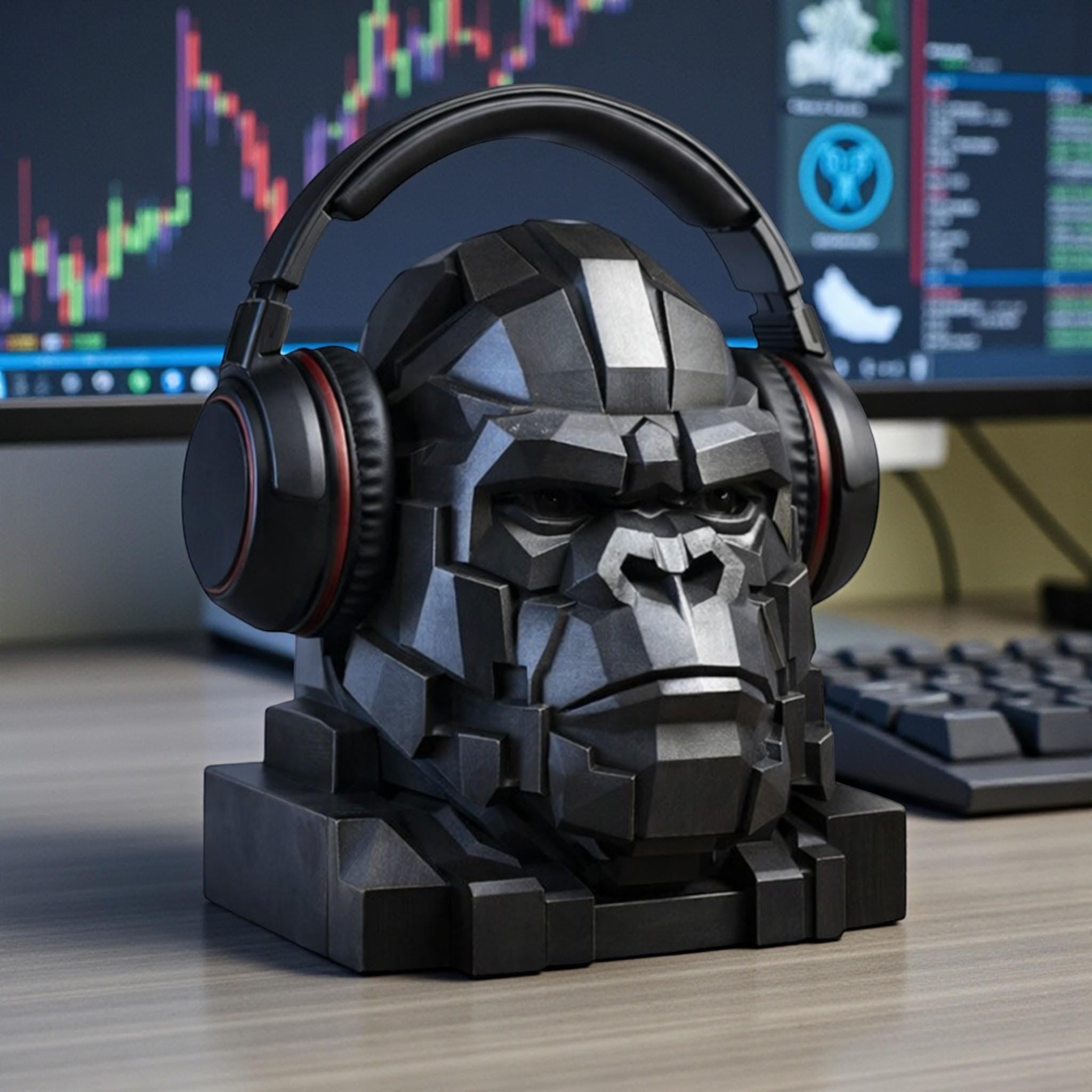 Happy3dWorld black geometric gorilla head headphone stand on a gaming desk with over-ear headphones.