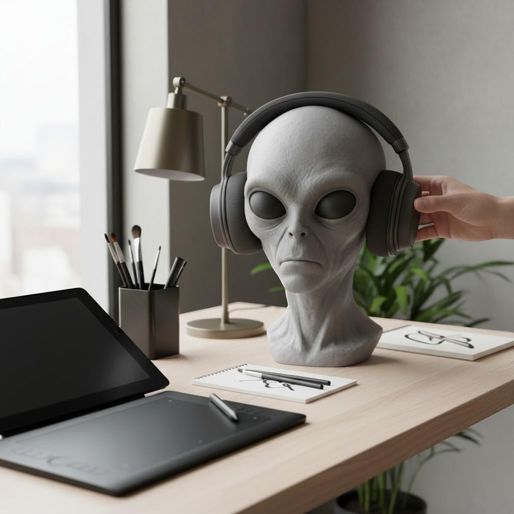 Happy3dWorld gray alien bust headphone stand holding black over-ear headphones on a desk with art supplies