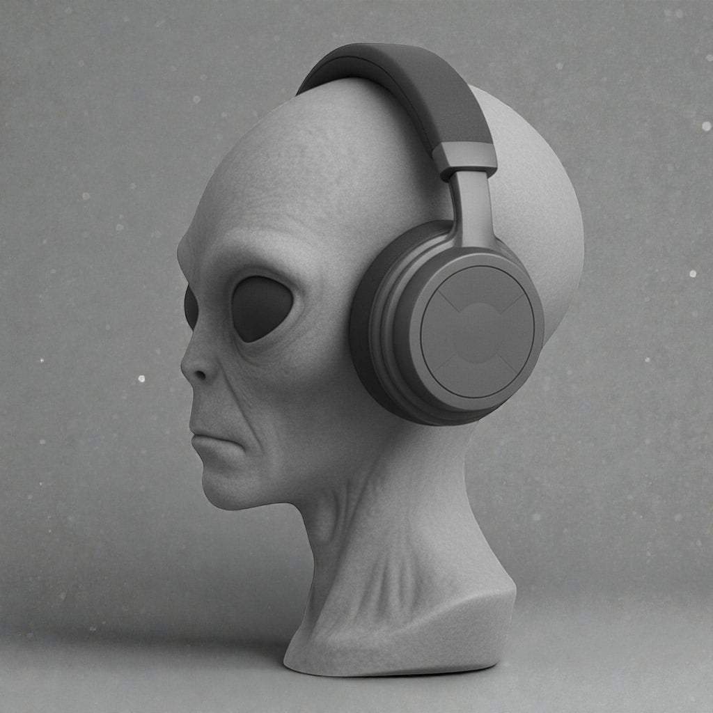Happy3dWorld gray alien bust headphone stand with a matte finish holding over-ear gaming headphones on a desk