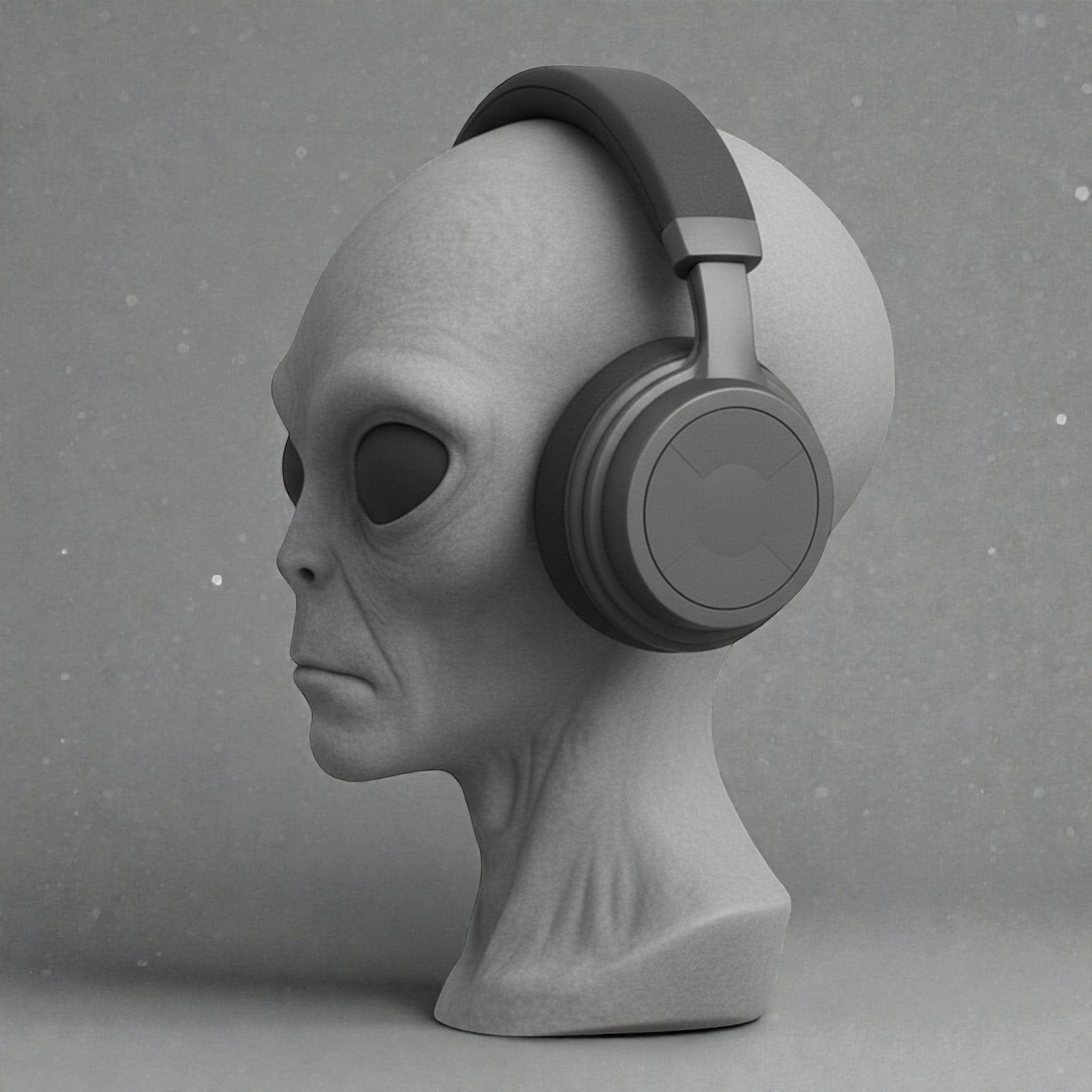 Happy3dWorld gray alien bust headphone stand with a matte finish holding over-ear gaming headphones on a desk