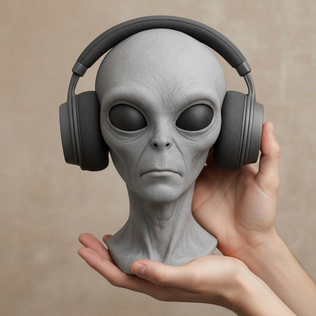 Happy3dWorld gray alien bust headphone stand holding over-ear headphones in hands for gaming desk decor