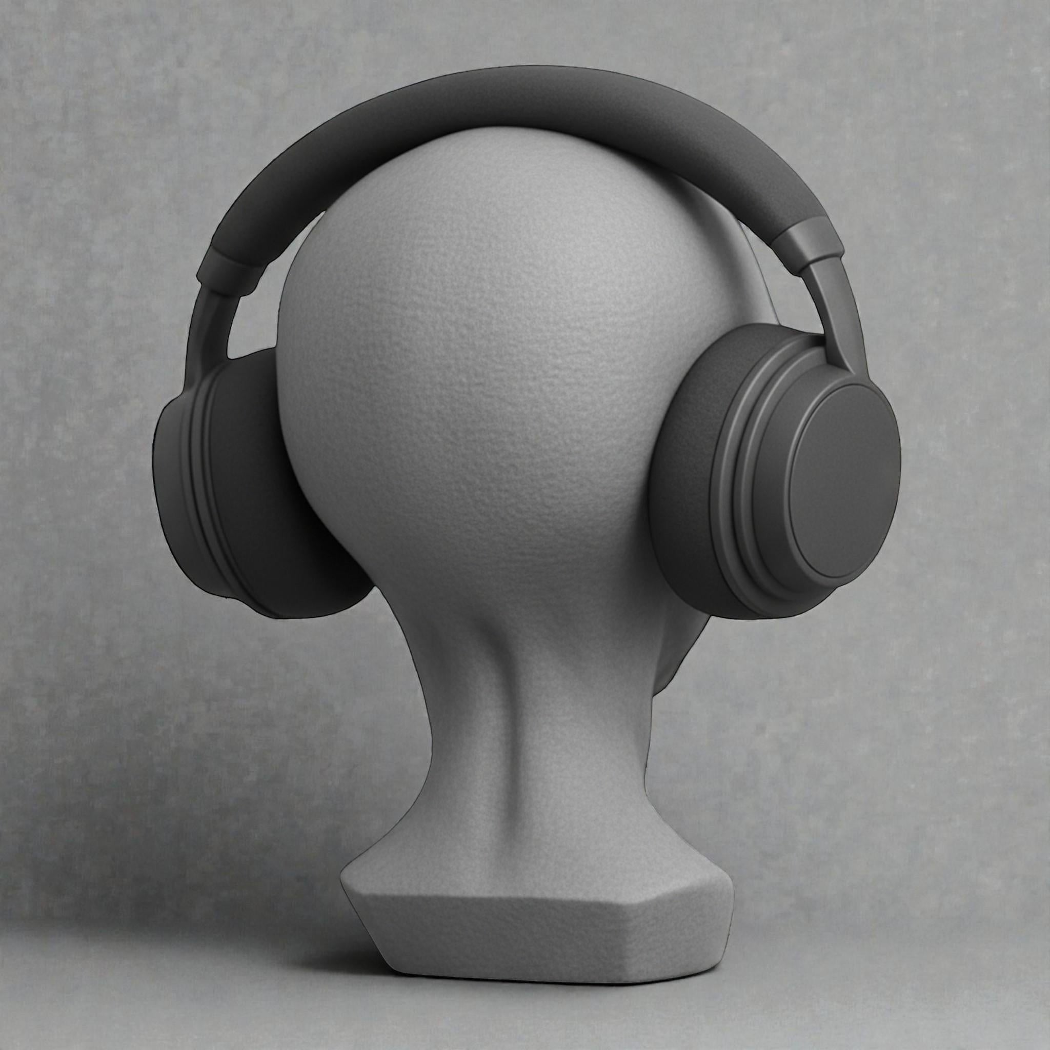Happy3dWorld gray alien bust headphone stand holding black over-ear headphones on a desk