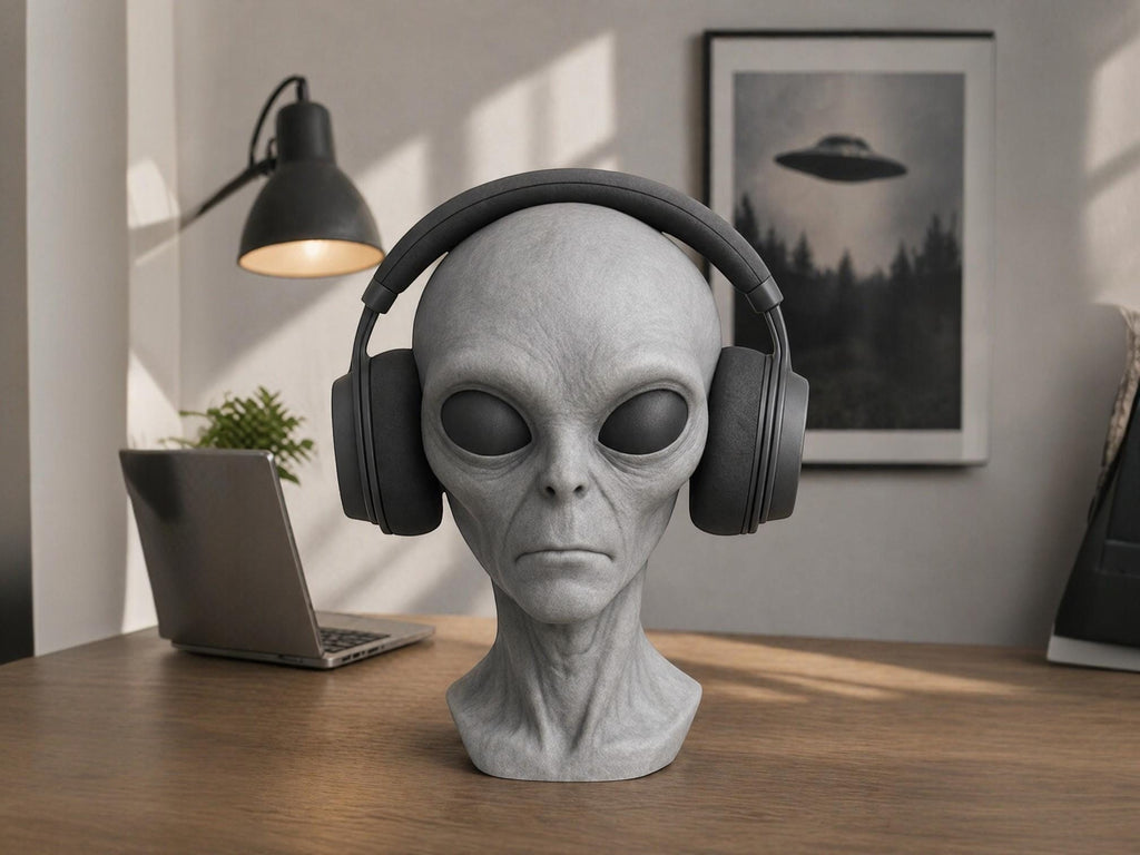 Happy3dWorld gray alien bust headphone stand holding black over-ear headphones on a wooden desk in a sci-fi room.