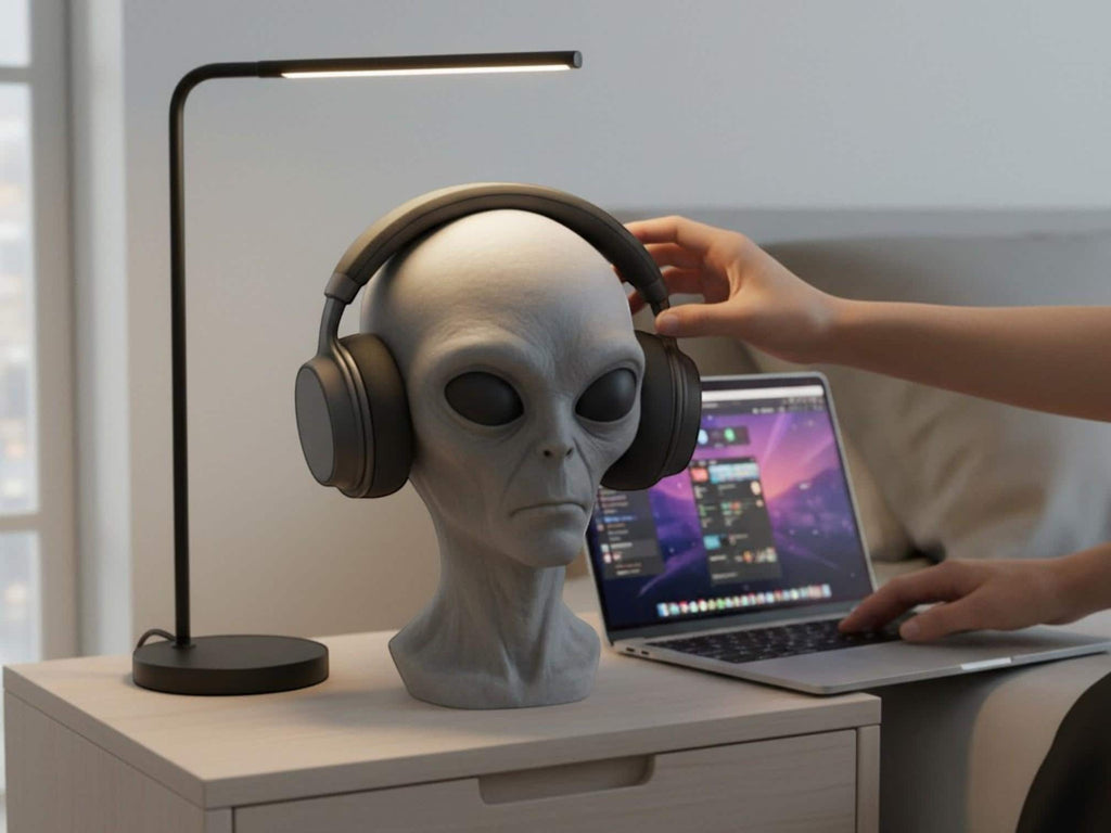 Happy3dWorld gray alien bust headphone stand holding black over-ear headphones on a desk with a laptop and lamp
