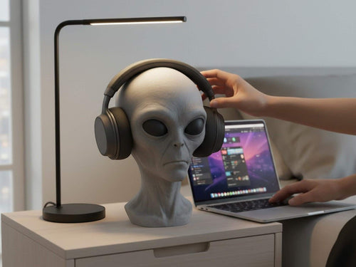 Happy3dWorld gray alien bust headphone stand holding black over-ear headphones on a desk with a laptop and lamp