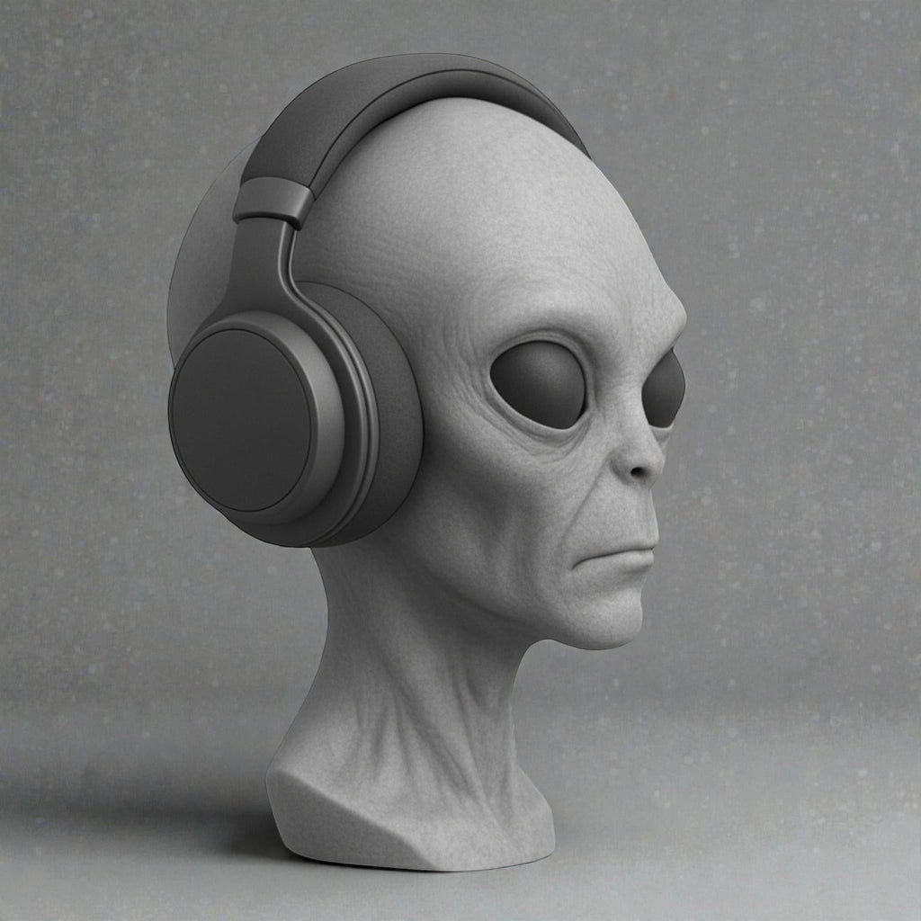 Happy3dWorld gray alien bust headphone stand holding black over-ear headphones on a desk