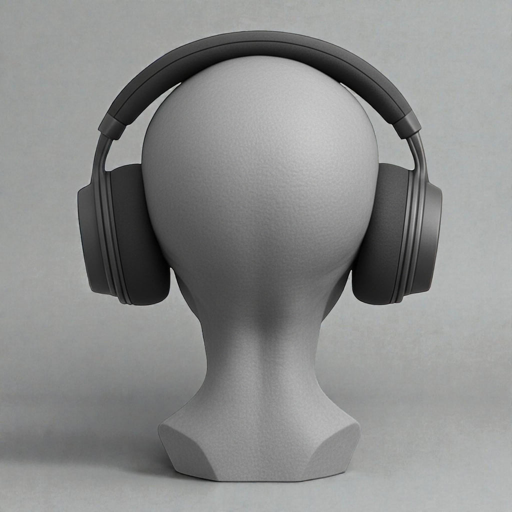 Happy3dWorld alien bust headphone stand in gray matte PLA holding black over-ear headphones on a neutral background