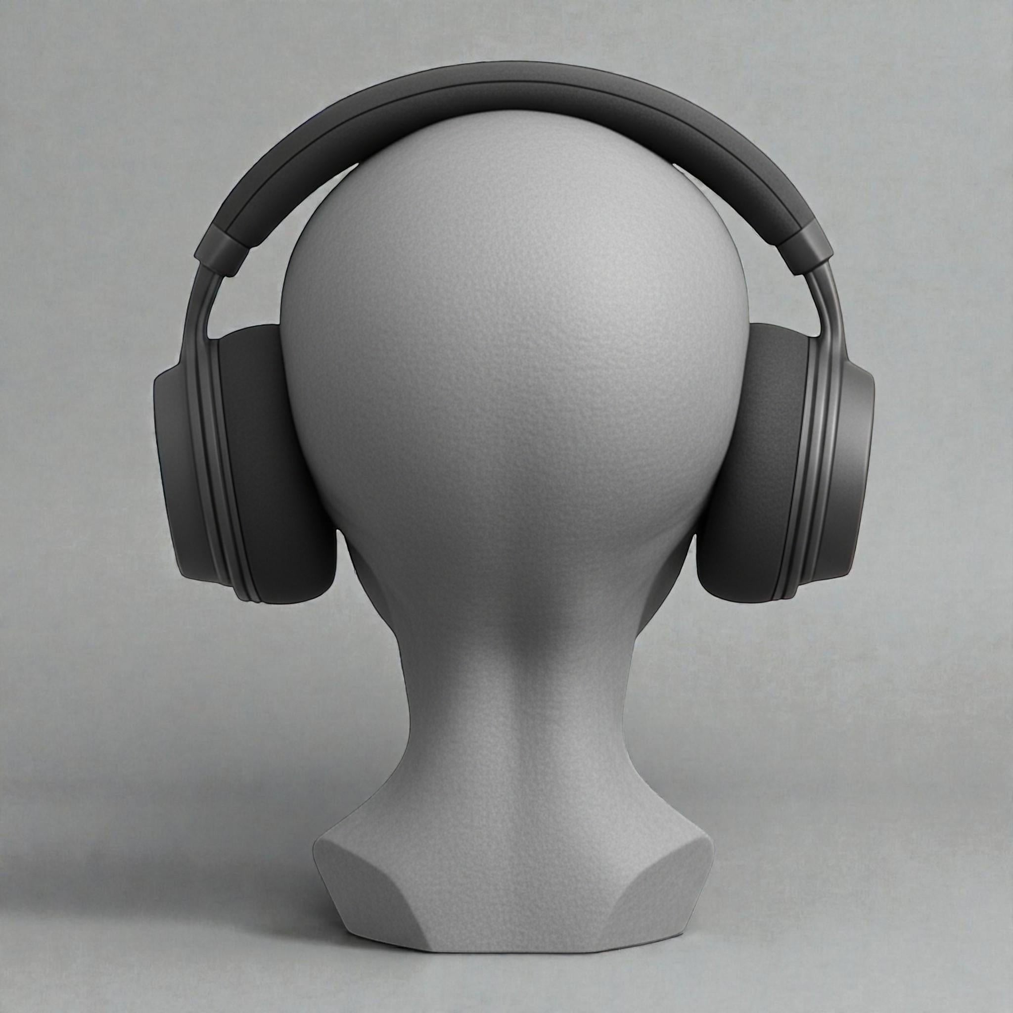 Happy3dWorld alien bust headphone stand in gray matte PLA holding black over-ear headphones on a neutral background