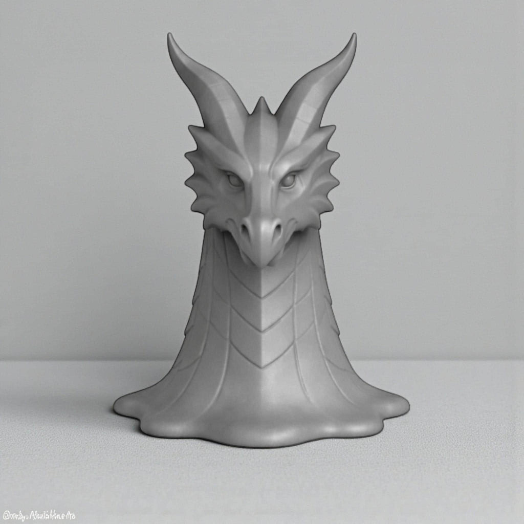 Happy3dWorld gray 3D printed dragon head headphone stand with intricate scales and horns for gothic desk decor.
