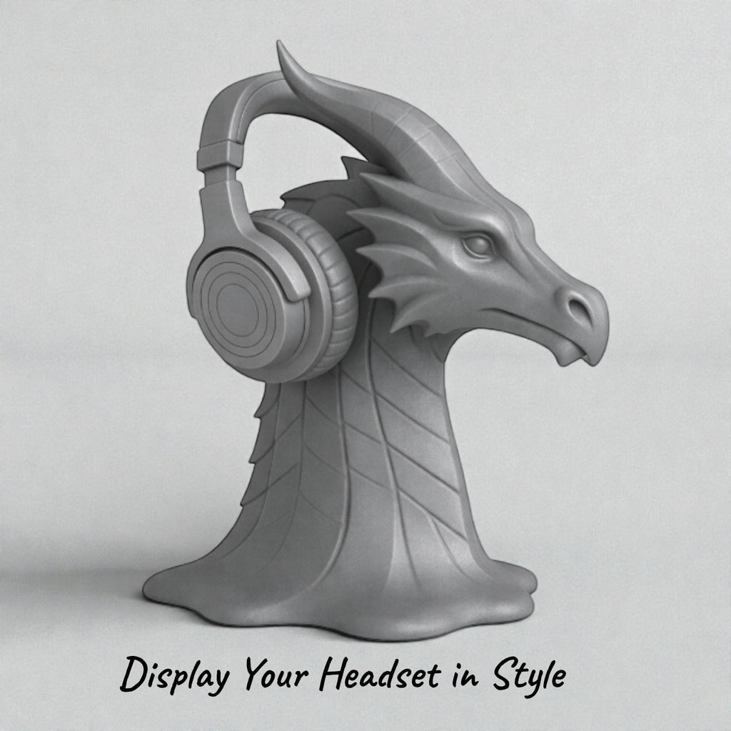 Happy3dWorld gray 3D printed dragon head headphone stand with intricate scale details and a stable flared base