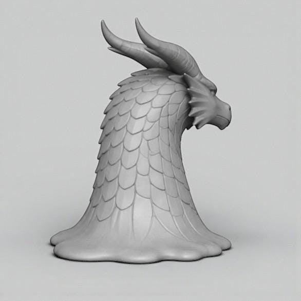 Happy3dWorld gray 3D printed dragon head headphone stand with detailed scales and horns on a flared base.