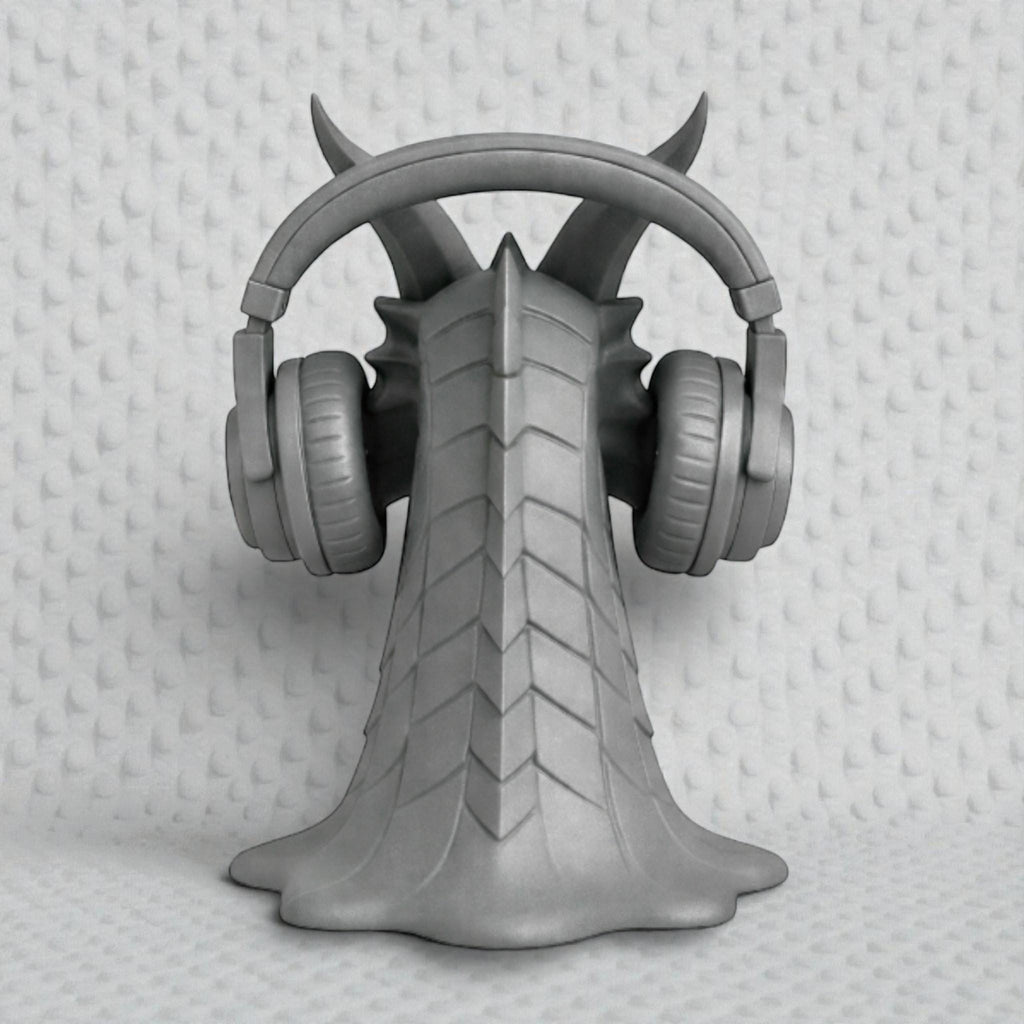 Happy3dWorld gray 3D printed dragon head headphone stand with intricate scale details and flared base