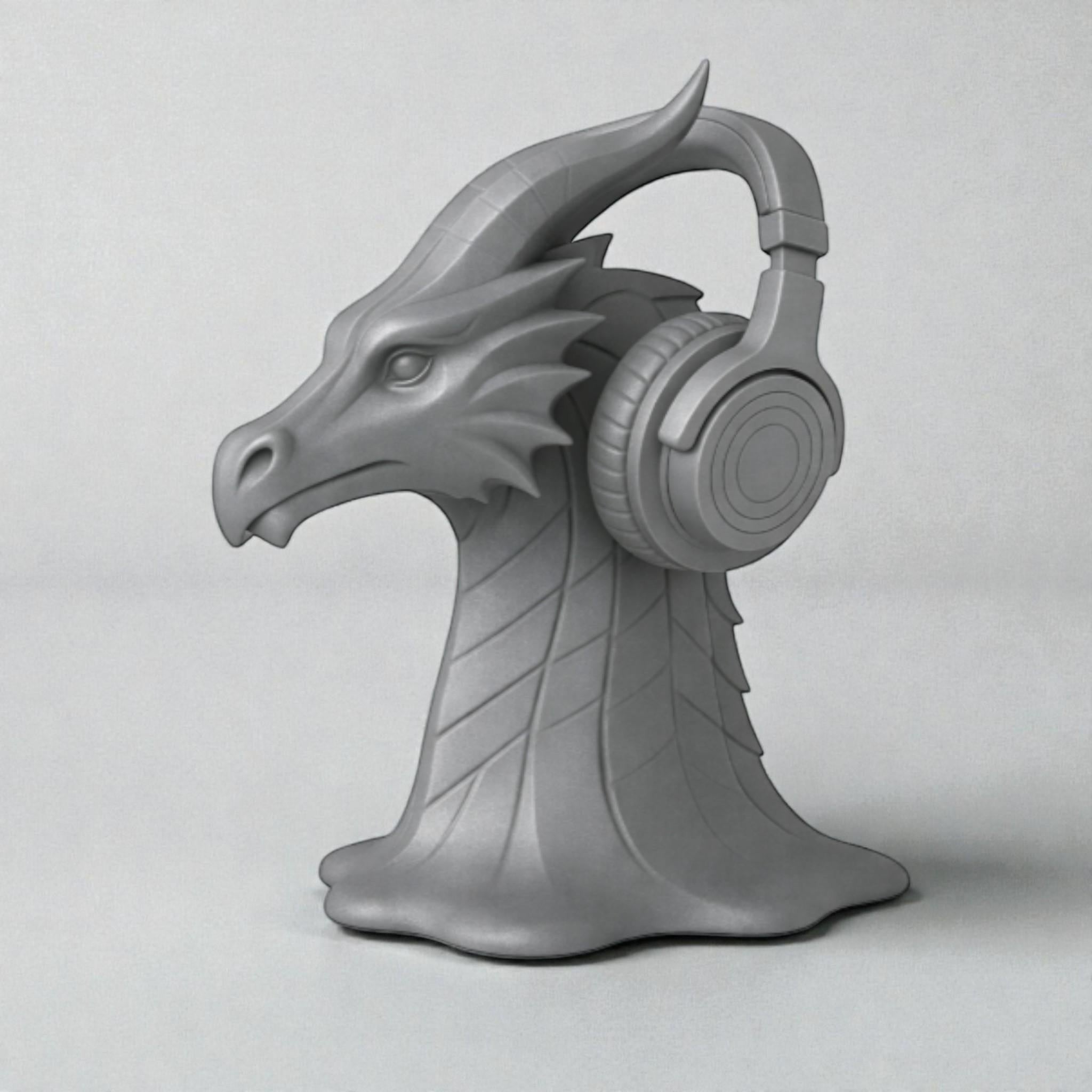 Happy3dWorld gray 3D printed dragon head headphone stand with intricate scales and horns for gaming desk decor
