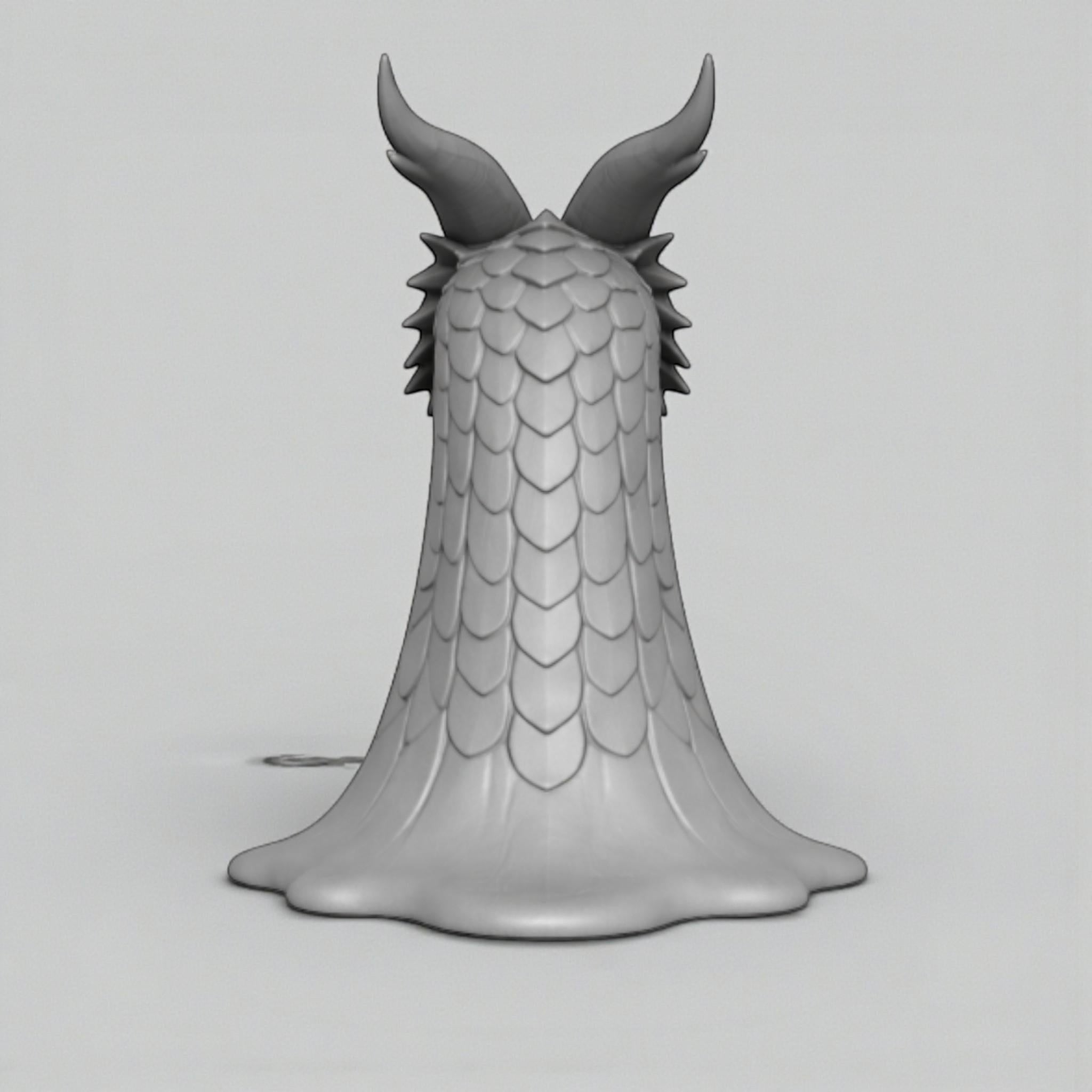 Happy3dWorld gray 3D printed dragon head headphone stand with detailed scales and horns, back view