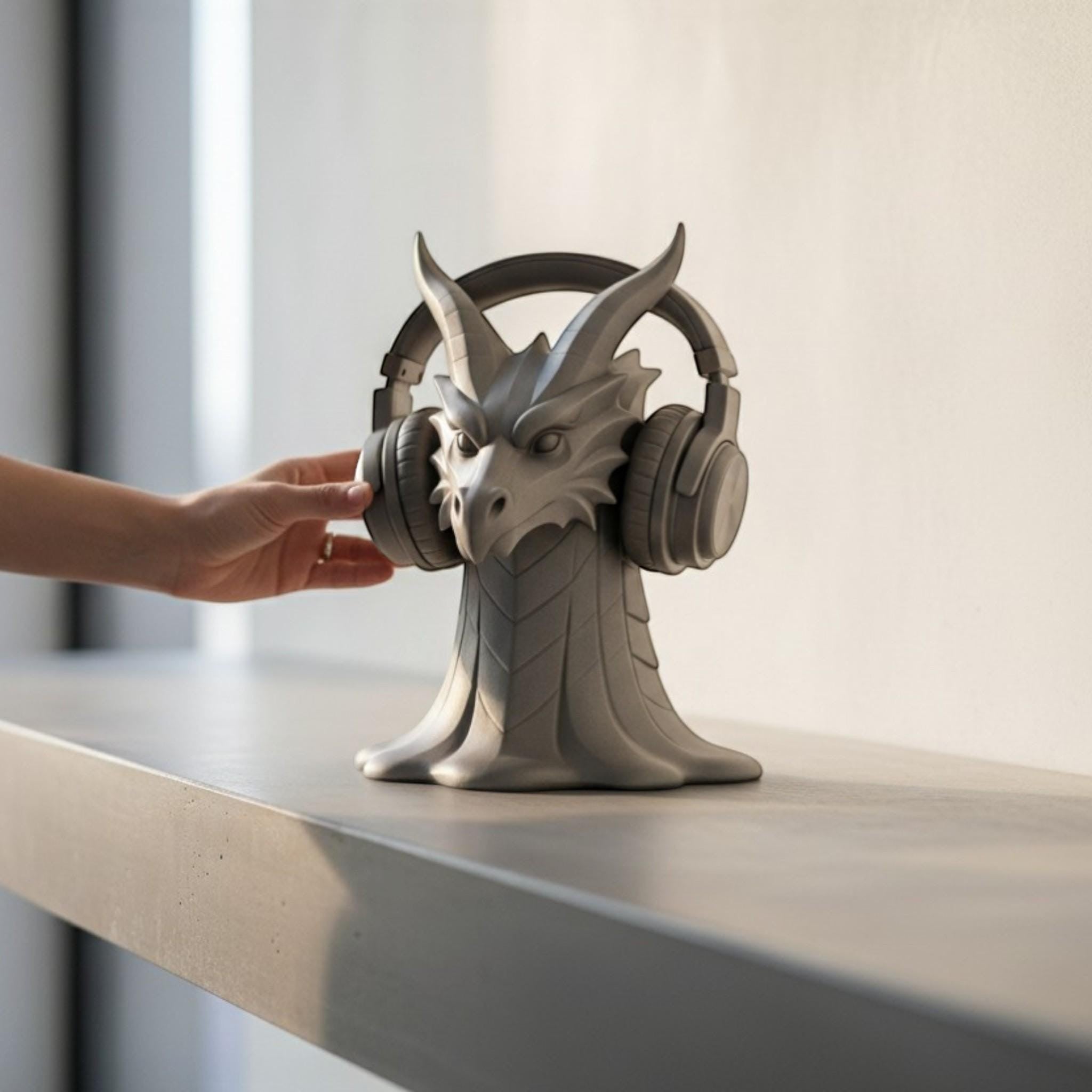 Happy3dWorld gray 3D printed dragon head headphone stand with matte finish holding over-ear headset on a desk