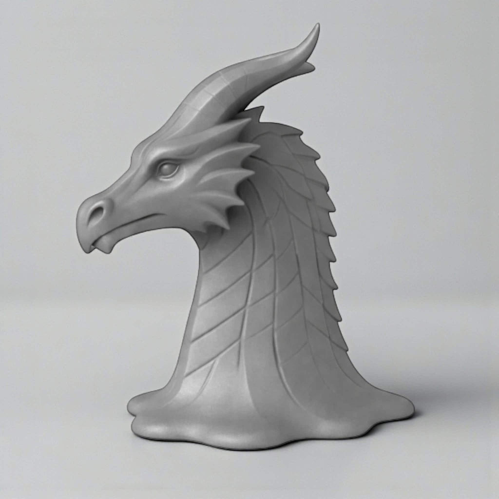 Happy3dWorld gray 3D printed dragon head headphone stand with detailed scales and horns on a flared base.