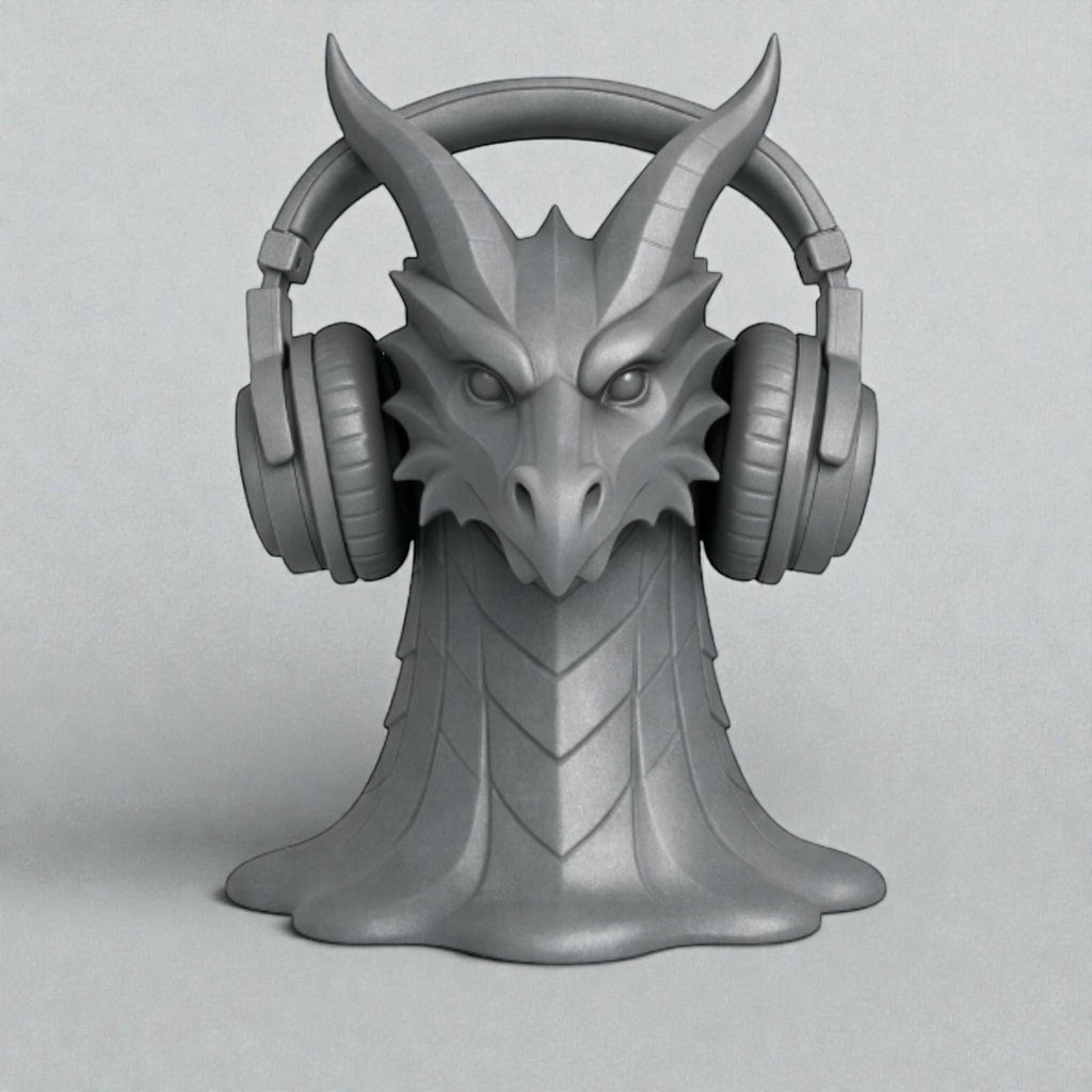 Happy3dWorld gray dragon head headphone stand with intricate scale details and a stable flared base