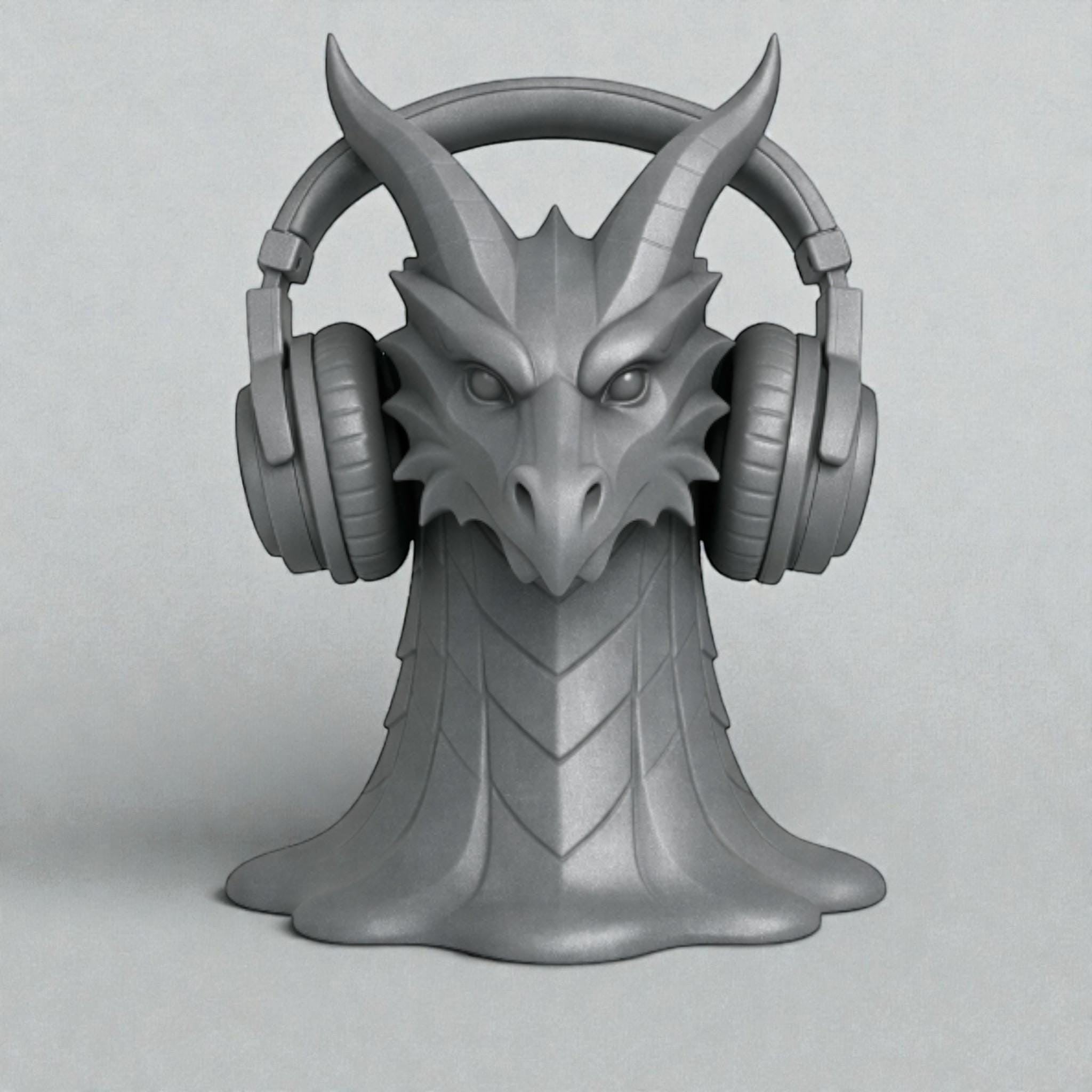 Happy3dWorld gray dragon head headphone stand with intricate scale details and a stable flared base