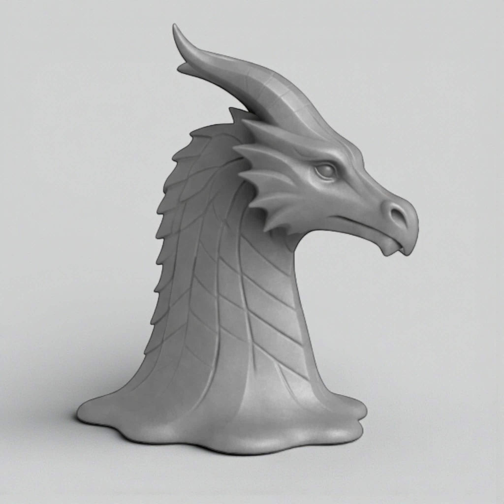 Happy3dWorld gray 3D printed dragon head headphone stand with intricate scale details and a flared base.