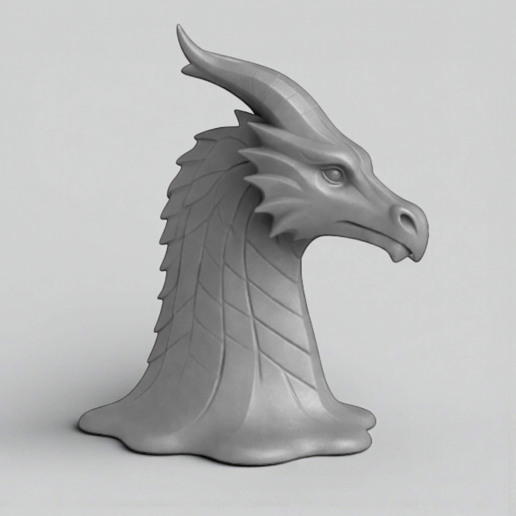 Happy3dWorld gray 3D printed dragon head headphone stand with intricate scale details and a flared base.