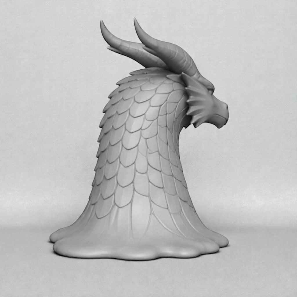 Happy3dWorld gray 3D printed dragon head headphone stand with intricate scales and horns on a flared base.