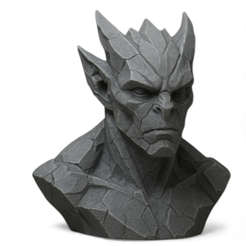Happy3dWorld 3D printed gray gargoyle headphone stand with a stone-textured gothic design for gaming desk decor.