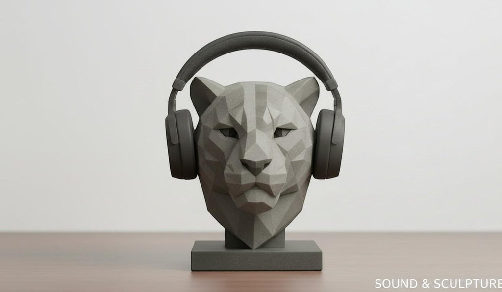 Happy3dWorld gray low-poly geometric tiger headphone stand holding over-ear headphones on a wooden desk.