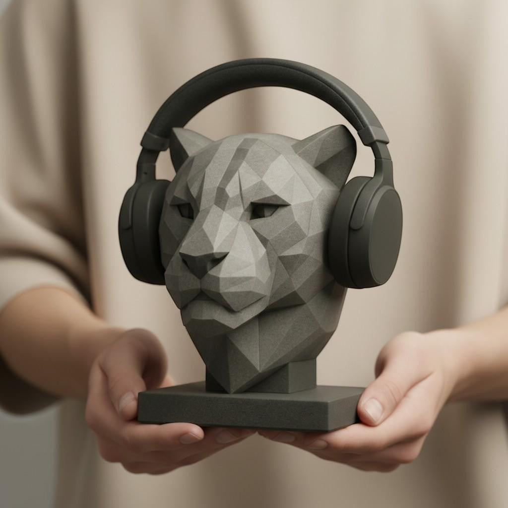 Happy3dWorld gray low-poly geometric tiger head headphone stand held in hands, featuring a modern matte finish.