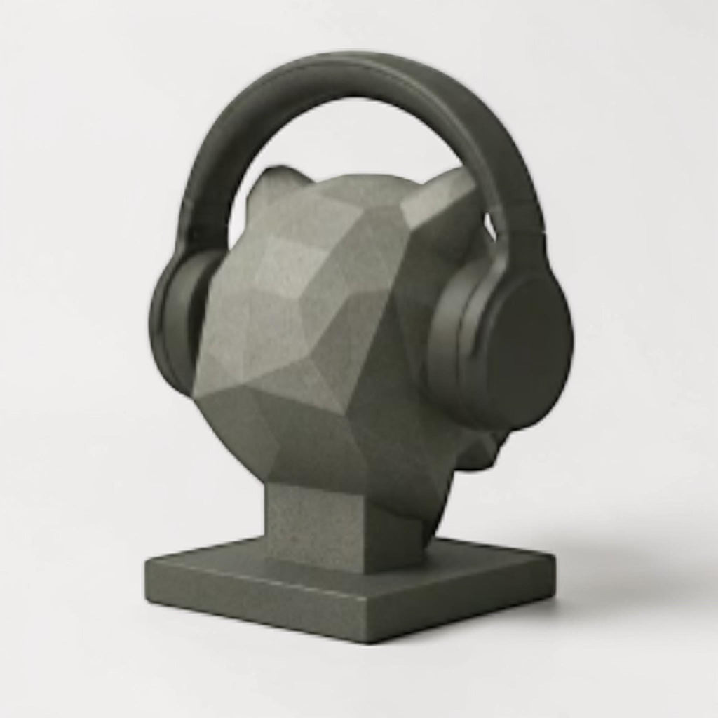 Happy3dWorld gray low-poly geometric tiger headphone stand holding black over-ear headphones on a white background