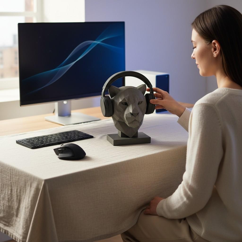 Happy3dWorld gray low-poly geometric tiger headphone stand on a desk with a woman placing headphones on it