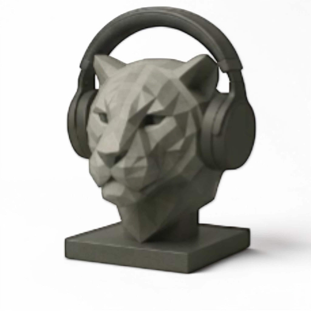 Happy3dWorld gray low-poly geometric tiger head headphone stand holding over-ear headphones on a desk