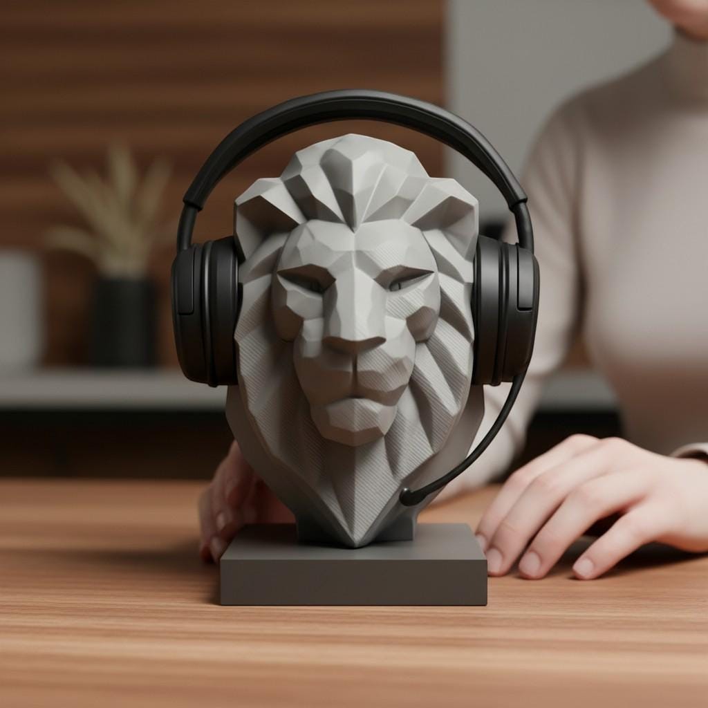 Happy3dWorld gray low-poly lion bust headphone stand holding black gaming headset on a wooden desk