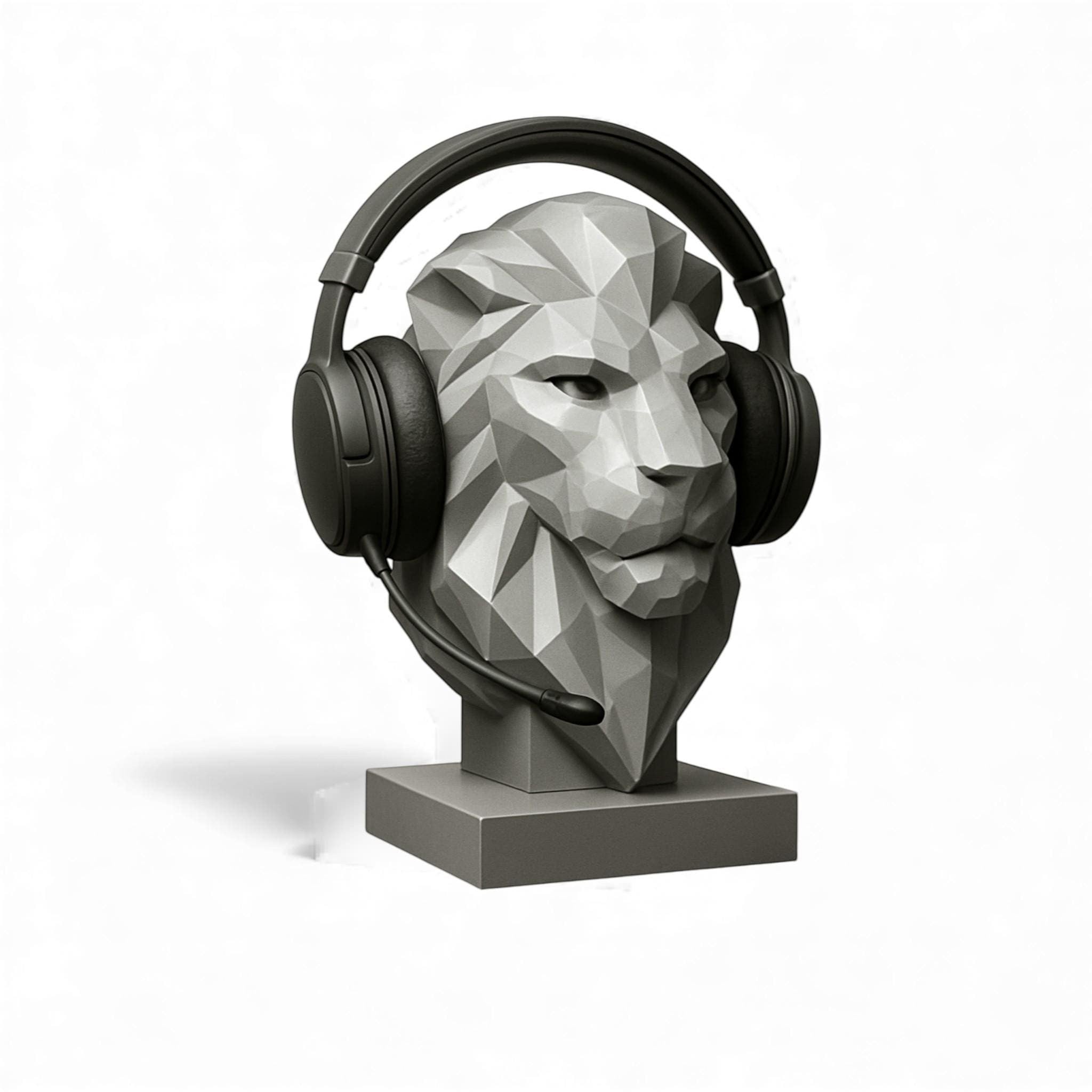 Happy3dWorld gray low-poly geometric lion bust headphone stand holding black gaming headset on a white background
