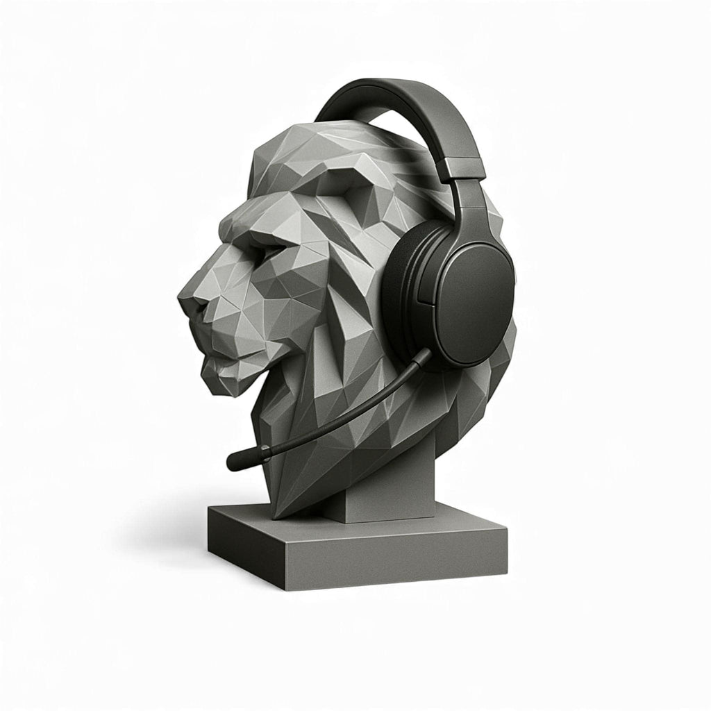 Happy3dWorld gray low-poly geometric lion bust headphone stand holding black gaming headset on a white background