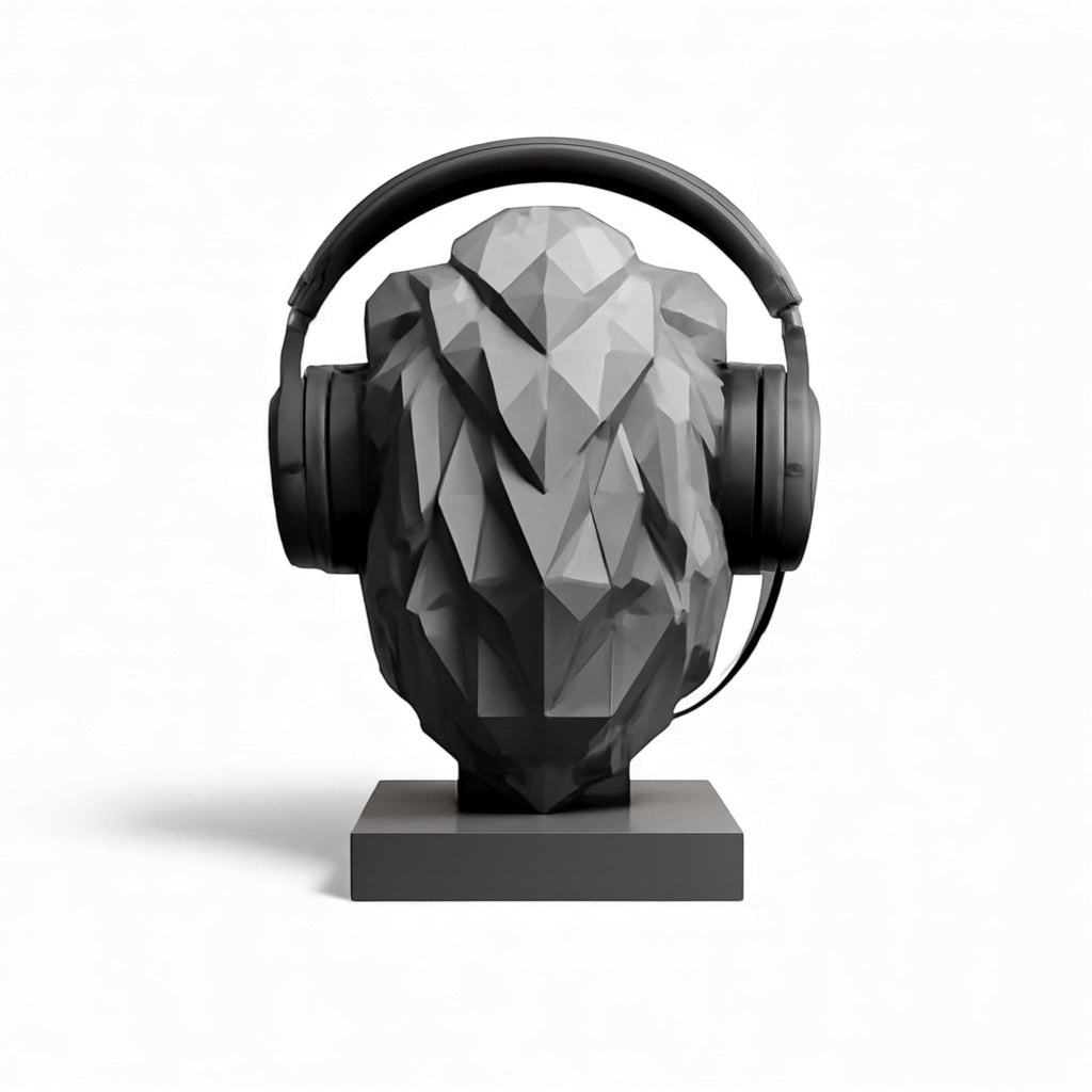 Happy3dWorld matte gray low-poly lion bust headphone stand with geometric design for gaming desk organization