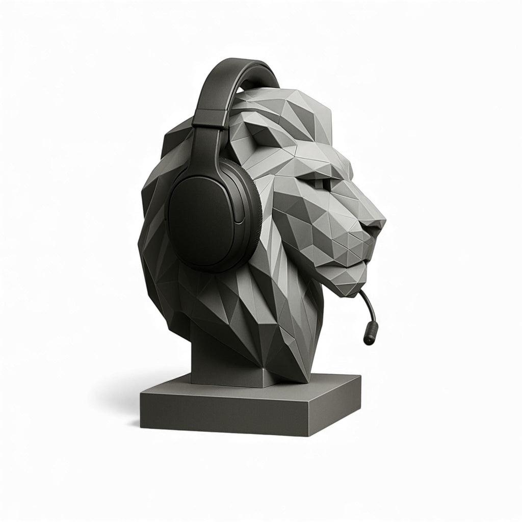 Happy3dWorld gray low-poly geometric lion bust headphone stand holding black gaming headset on white background