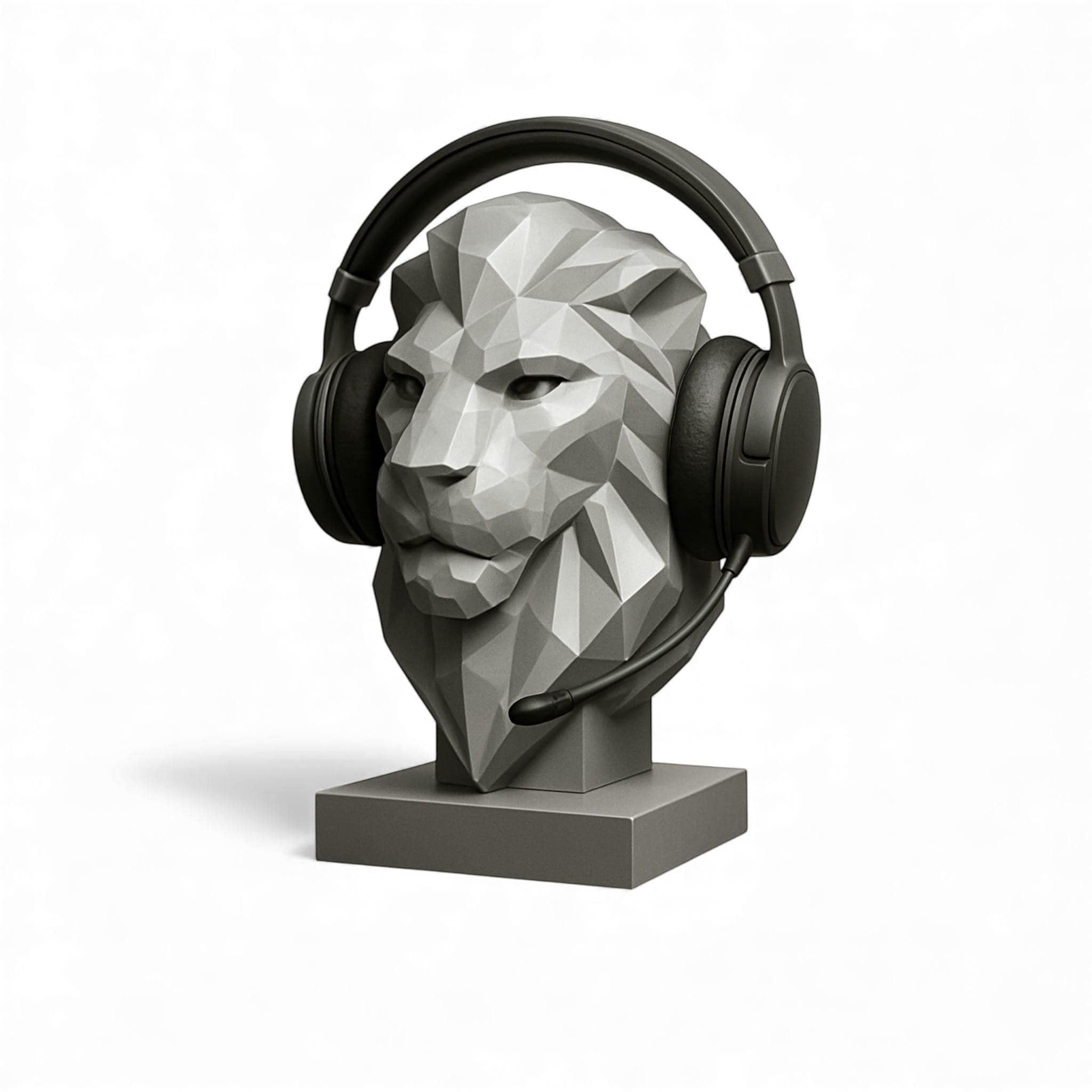 Happy3dWorld gray low-poly geometric lion bust headphone stand holding black gaming headset on a white background